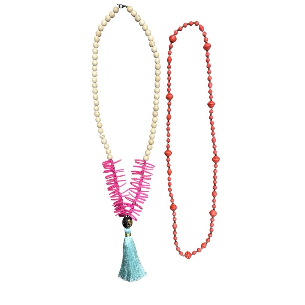 Statement Necklace Bundle Pink Tassel & Coral Beaded Necklace Set